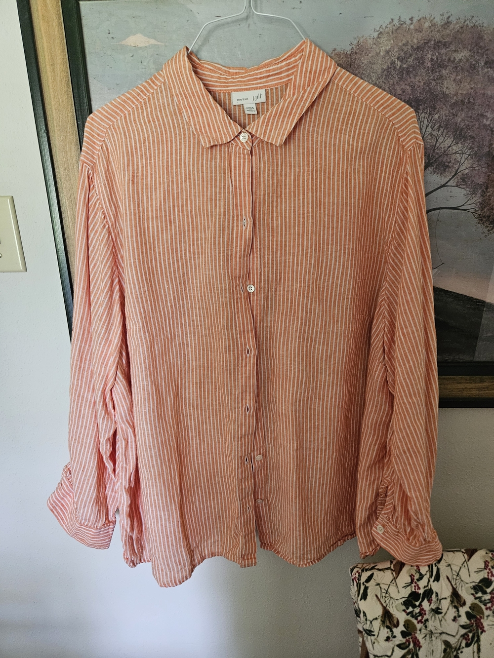 J. Jill Coral/Orange and White Striped Button-Down Linen Shirt Sz 3X